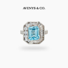 Emerald Frame Ring with Aquamarine Emerald Stone – on White Gold