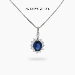 Classic Halo Necklace with Blue Oval Stone – on White Gold