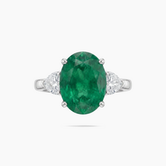 Oval Trilogy Pear Ring with Green Oval Stone – on White Gold