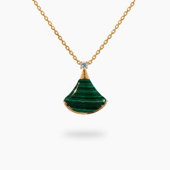 Yellow Gold Charm Necklace with Cabochon Cut Malachite Pendant