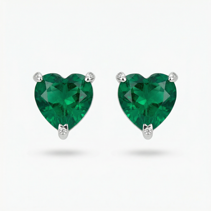 Love Heart Earrings with Green Heart Stone – on White Gold