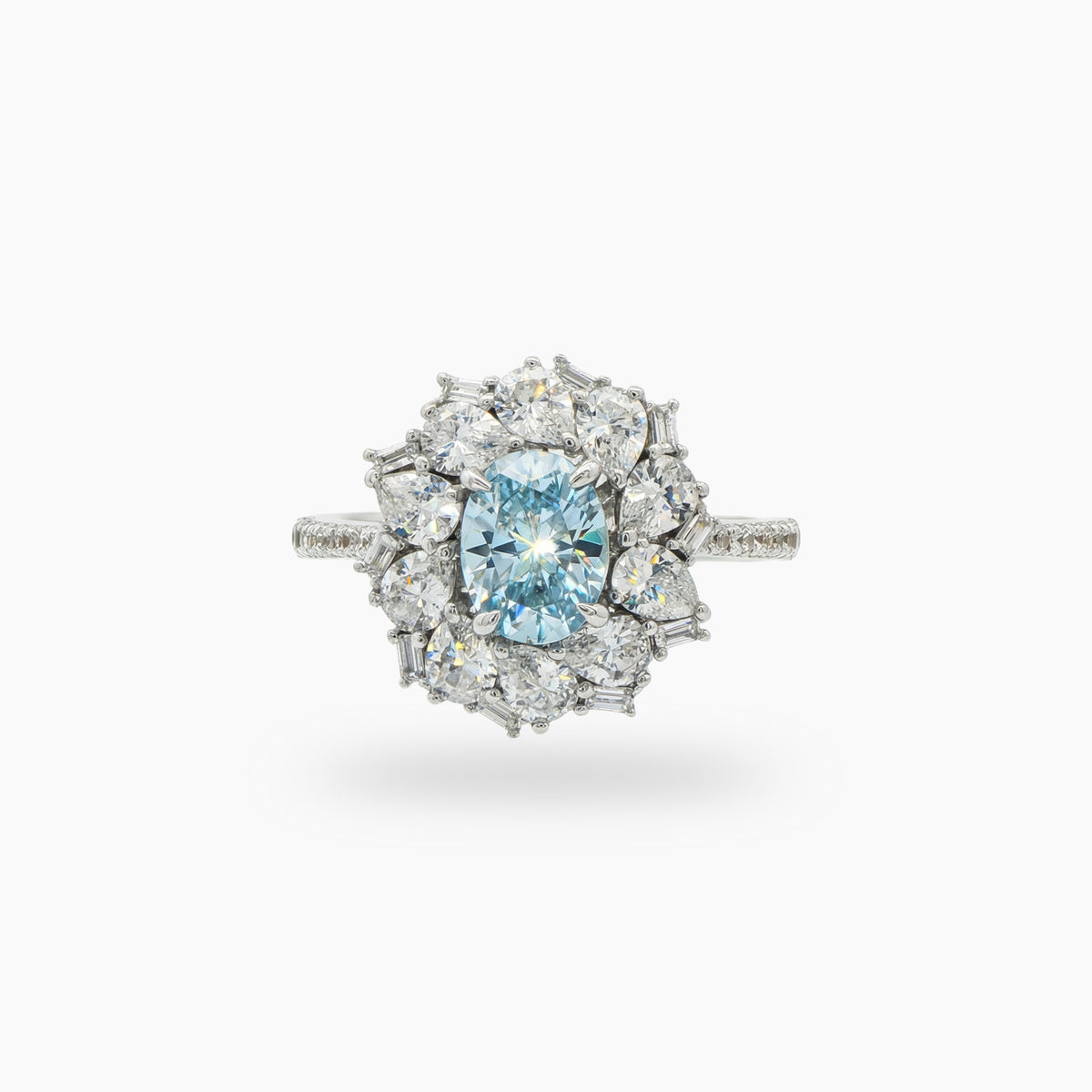 Bloom Halo Ring with Blue Oval Stone – on White Gold
