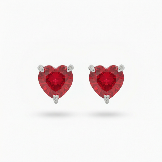 Love Heart Earrings with Red Heart Stone – on White Gold