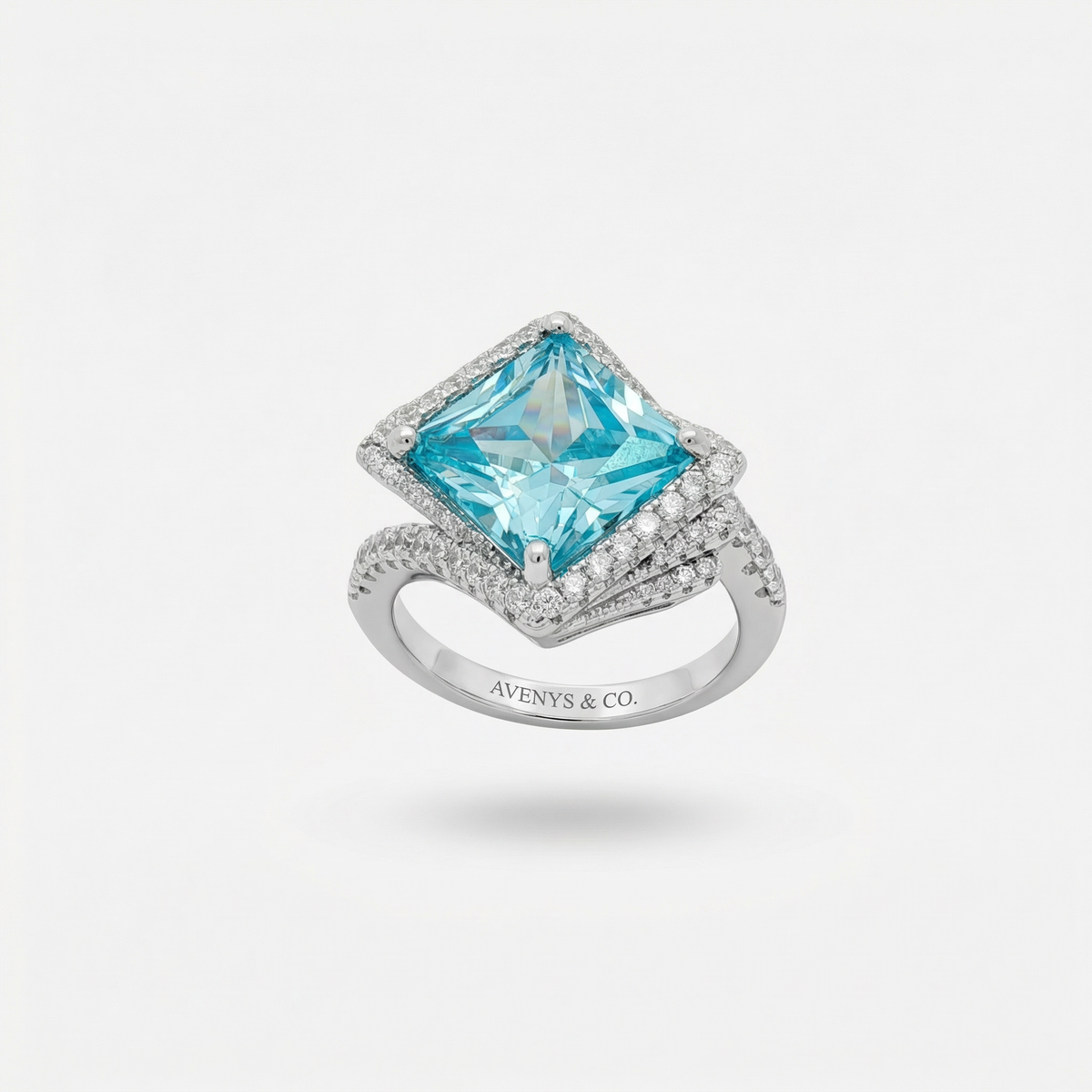 Side Radiant Ring with Aquamarine Radiant Stone – on White Gold