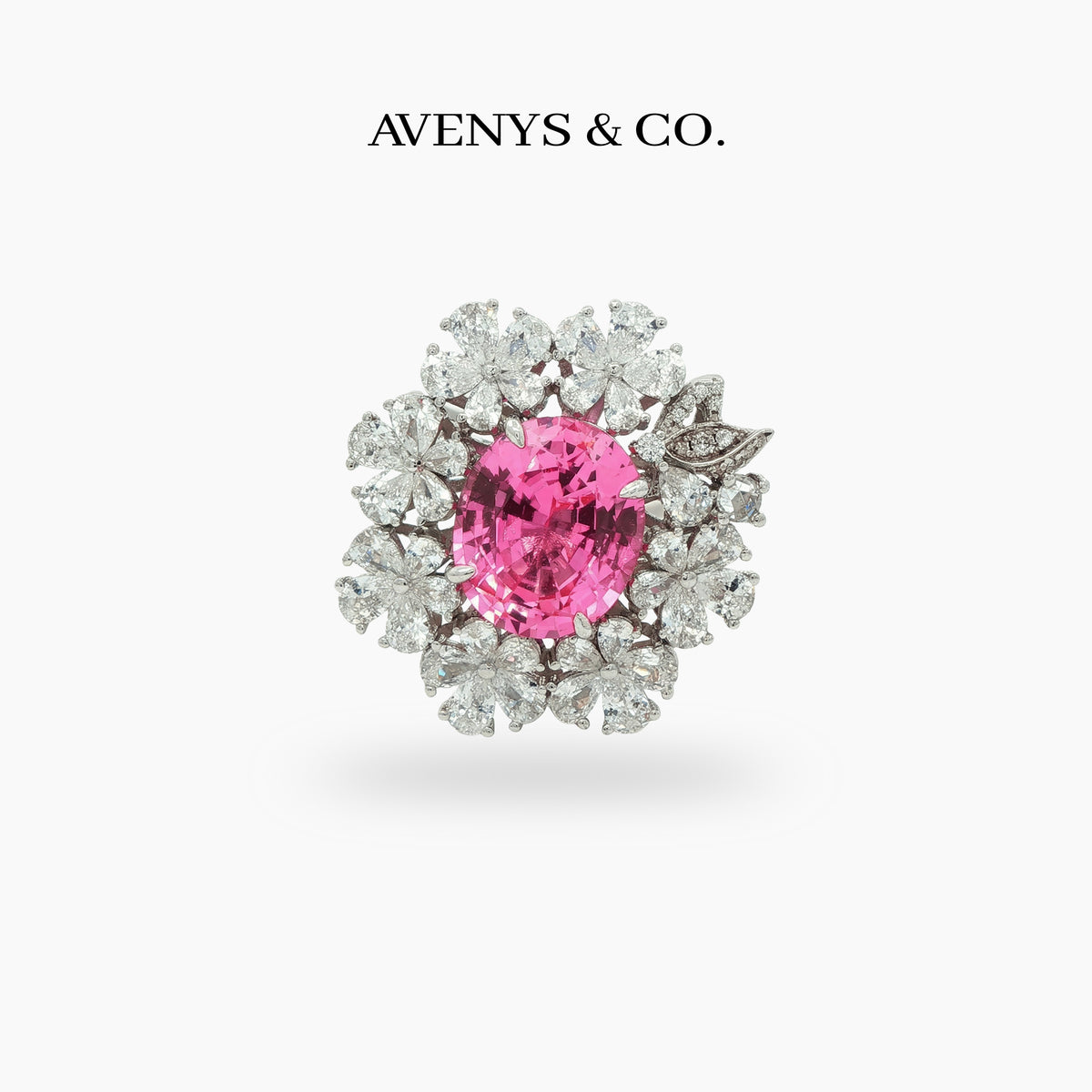 Flower Halo Ring with Pink Oval Stone – on White Gold
