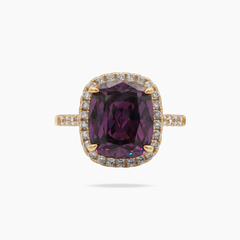 Amethyst Halo Ring with Purple Cushion Stone – on Yellow Gold