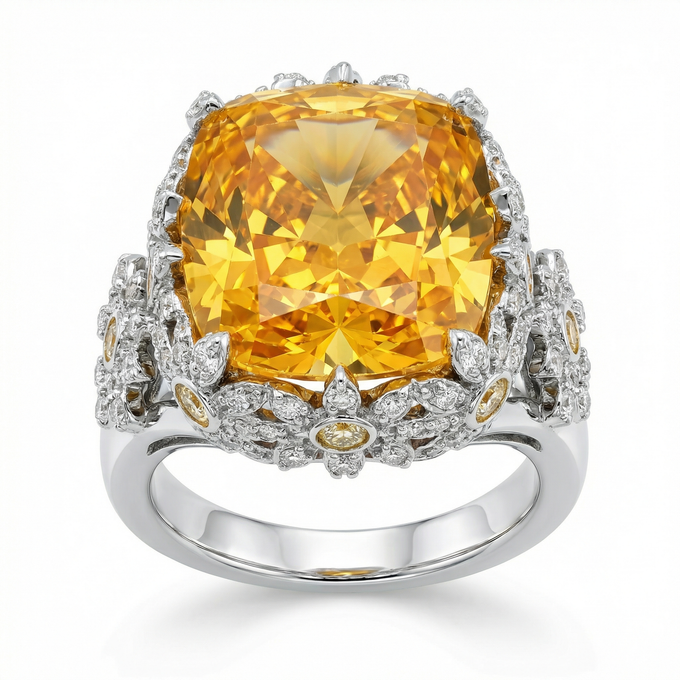 Crown Ring with Yellow Cushion Stone – on White Gold