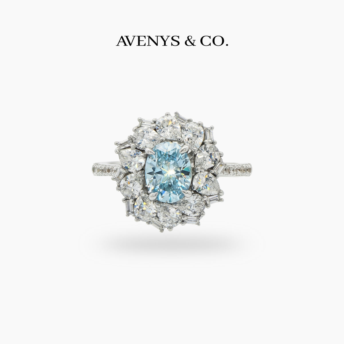 Bloom Halo Ring with Blue Oval Stone – on White Gold