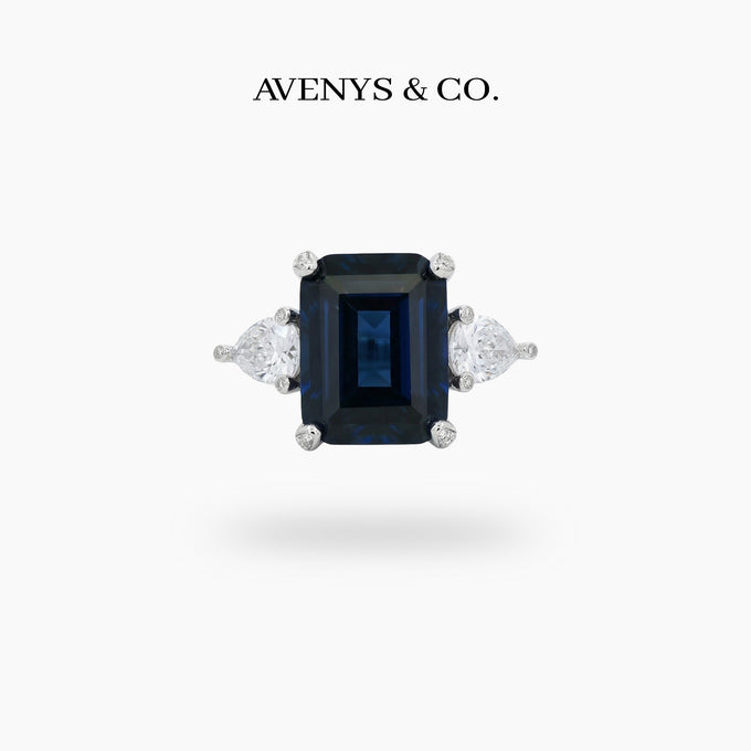 Emerald Pear Trilogy Ring with Blue Emerald Stone – on White Gold
