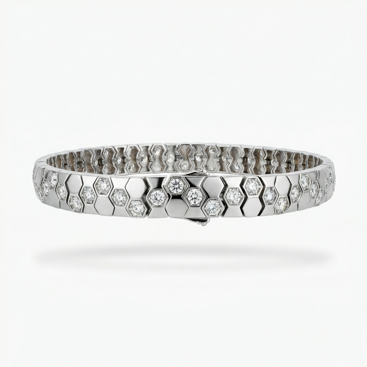 Honeycomb Wide Bracelet with White Round Stone – on White Gold
