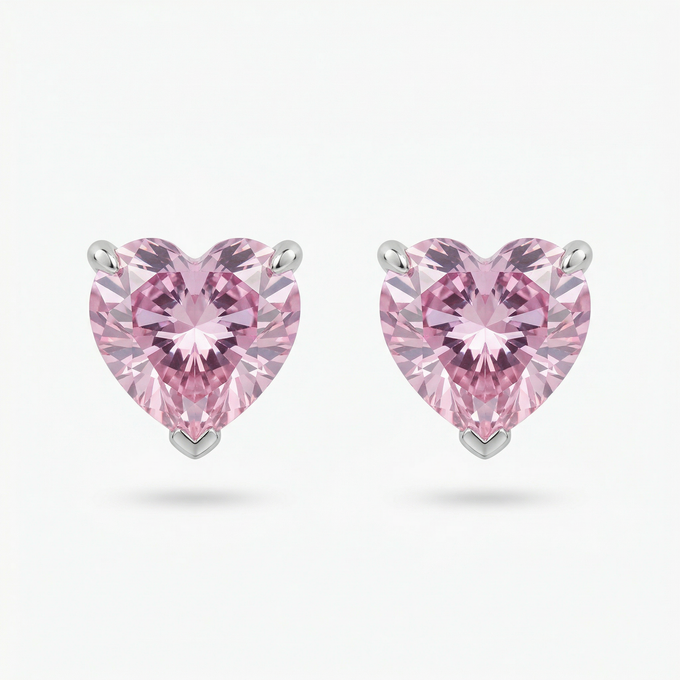 Love Heart Earrings with Pink Heart Stone – on White Gold