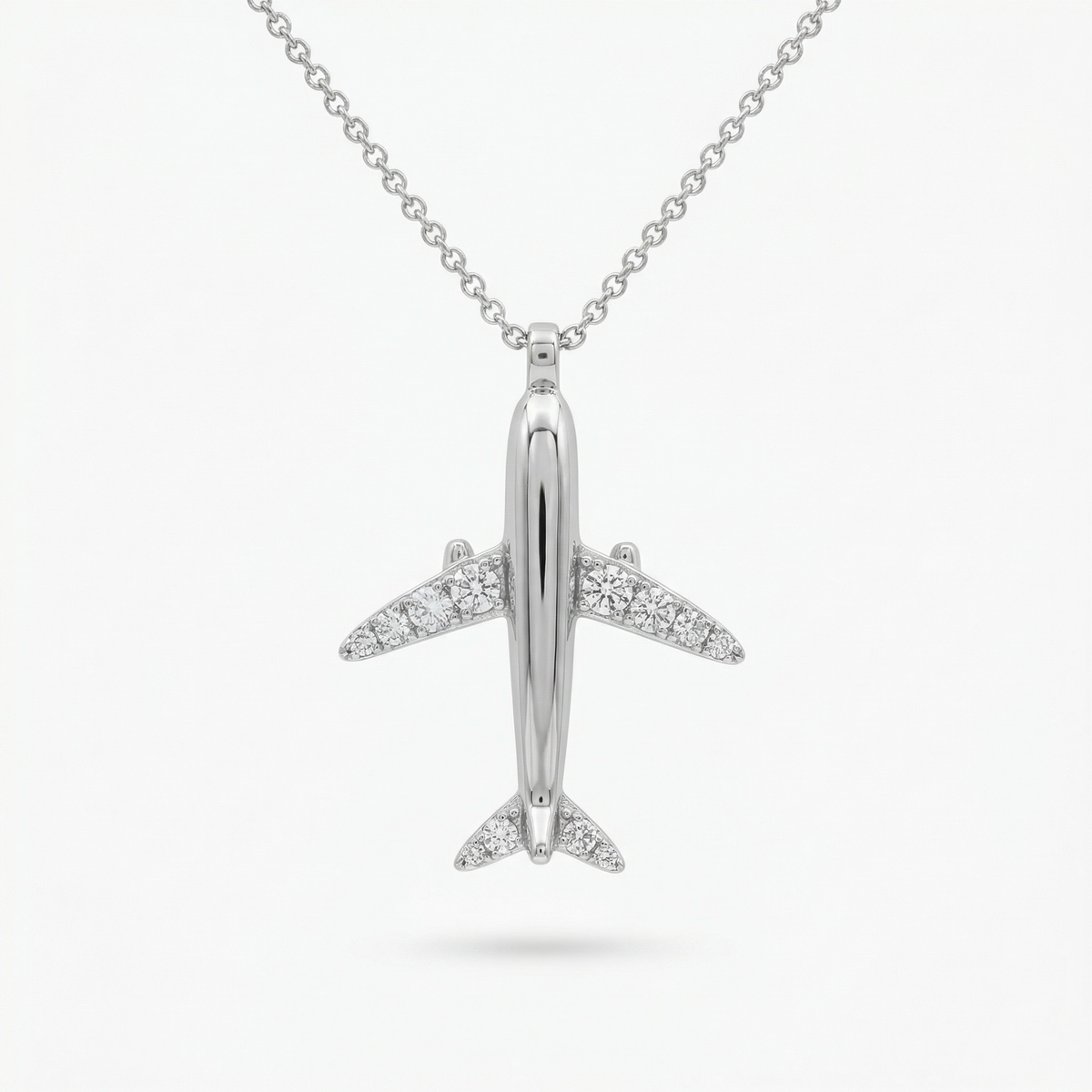 Airplane Necklace with White Round Stone – on White Gold