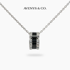 Connected Necklace with Black Round Stone – on White Gold
