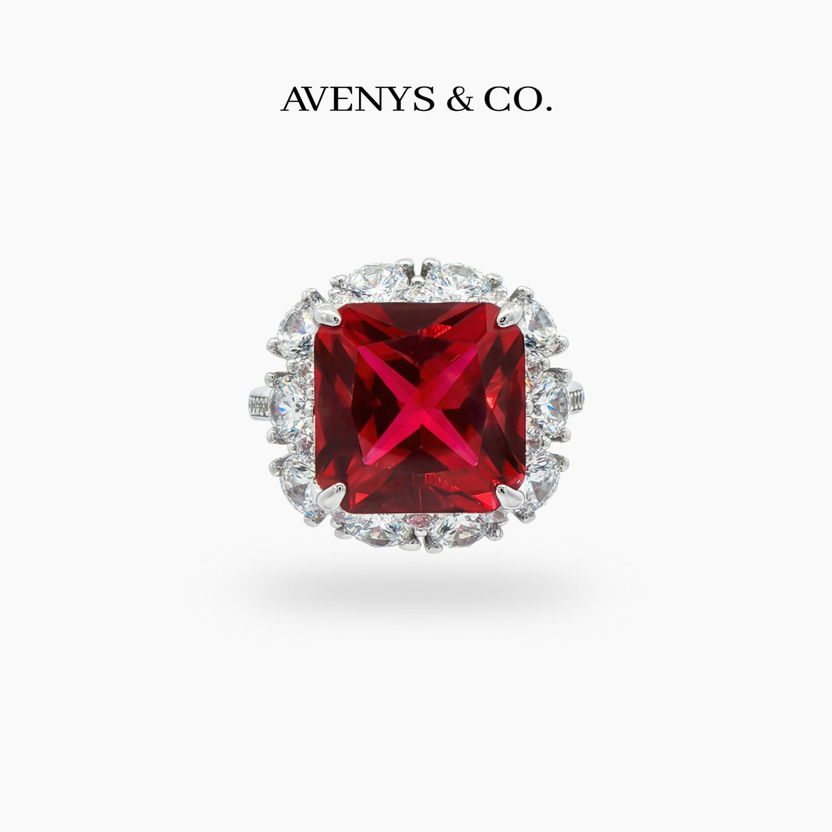 Princess Halo Ring with Red Princess Stone – on White Gold