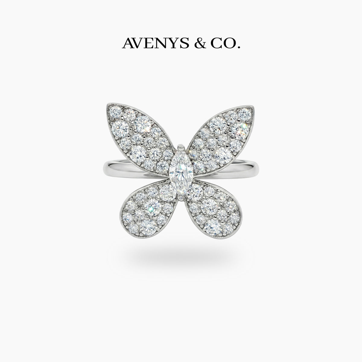 Butterfly Ring with White Round Stone – on White Gold
