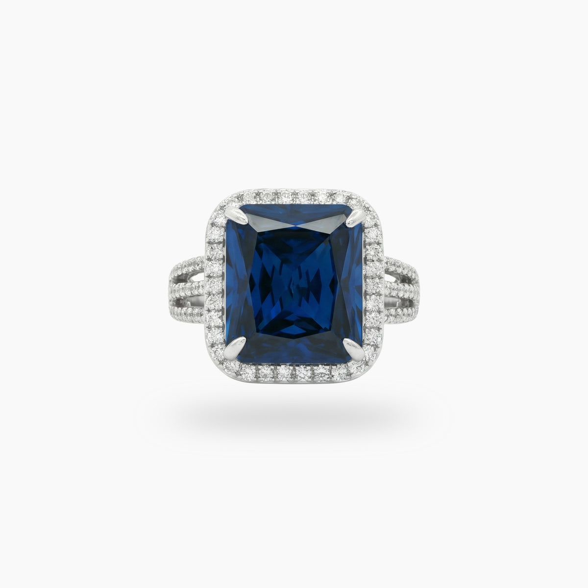 Triple Shank Radiant Ring with Blue Radiant Stone – on White Gold