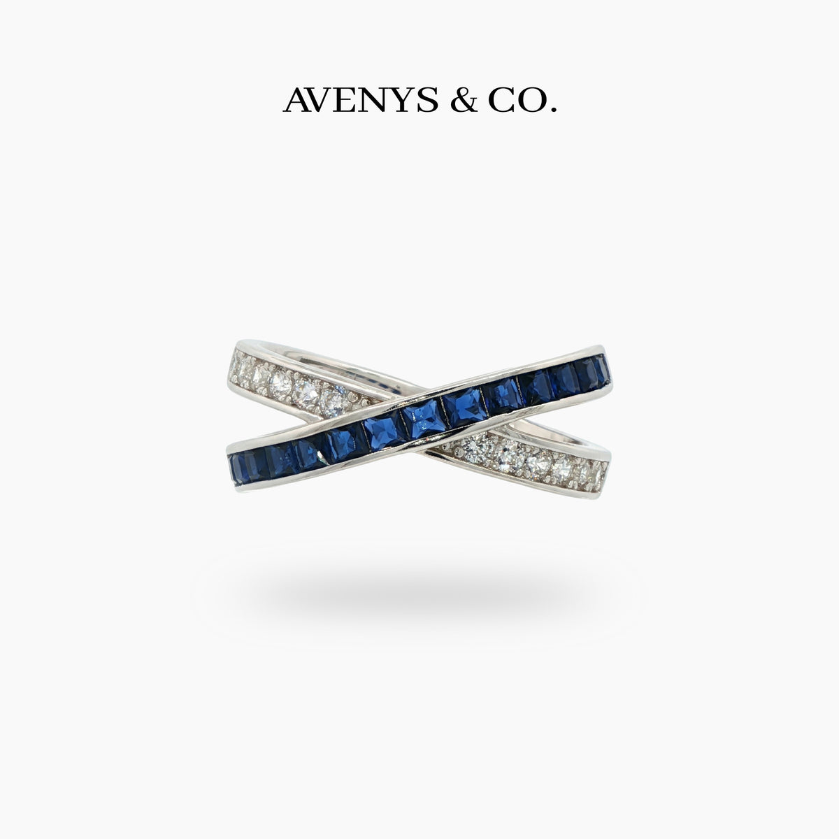 Interlink Ring with Blue Emerald Stone – on White Gold