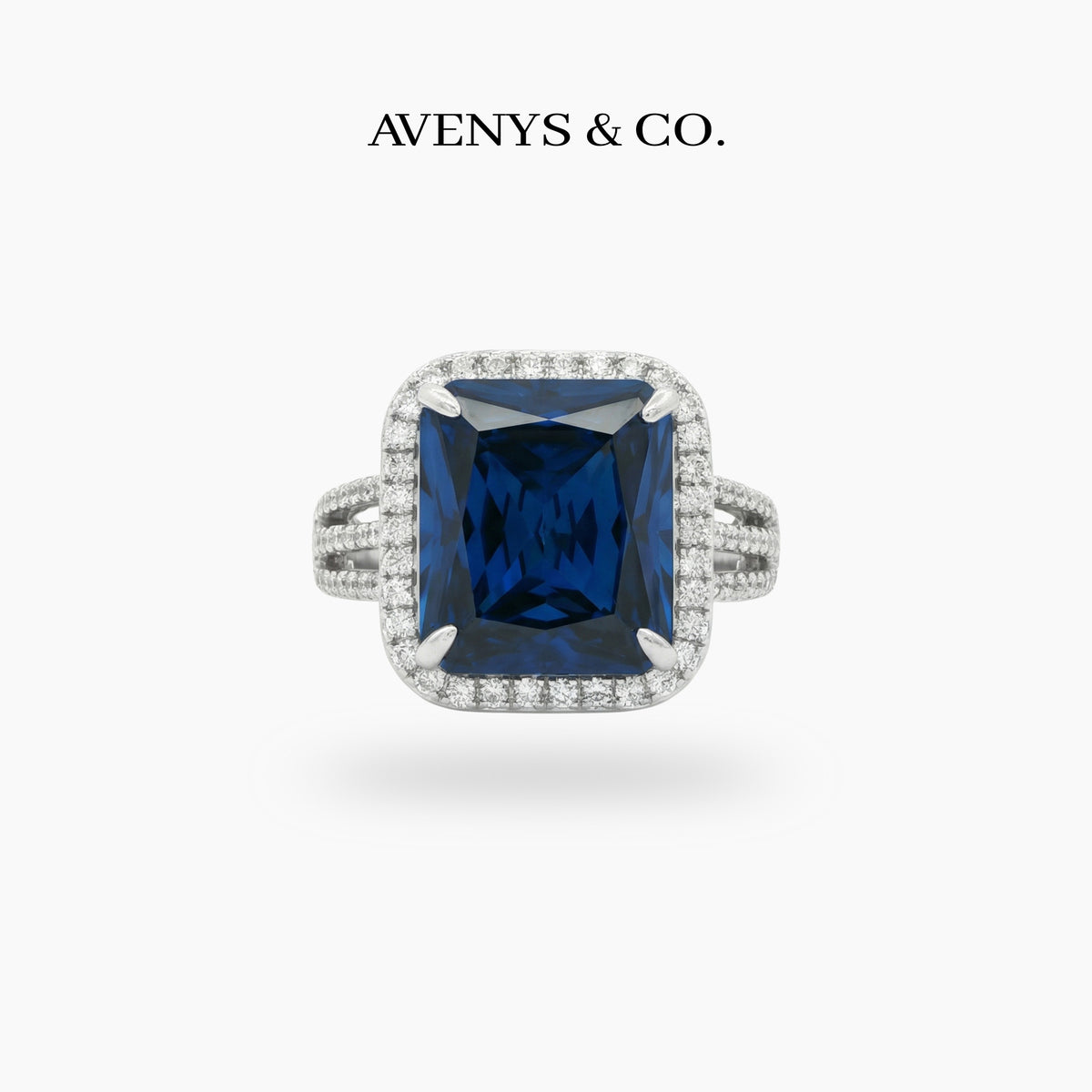 Triple Shank Radiant Ring with Blue Radiant Stone – on White Gold