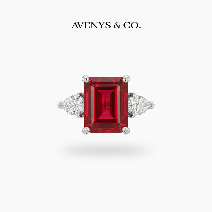 Emerald Pear Trilogy Ring with Red Emerald Stone – on White Gold