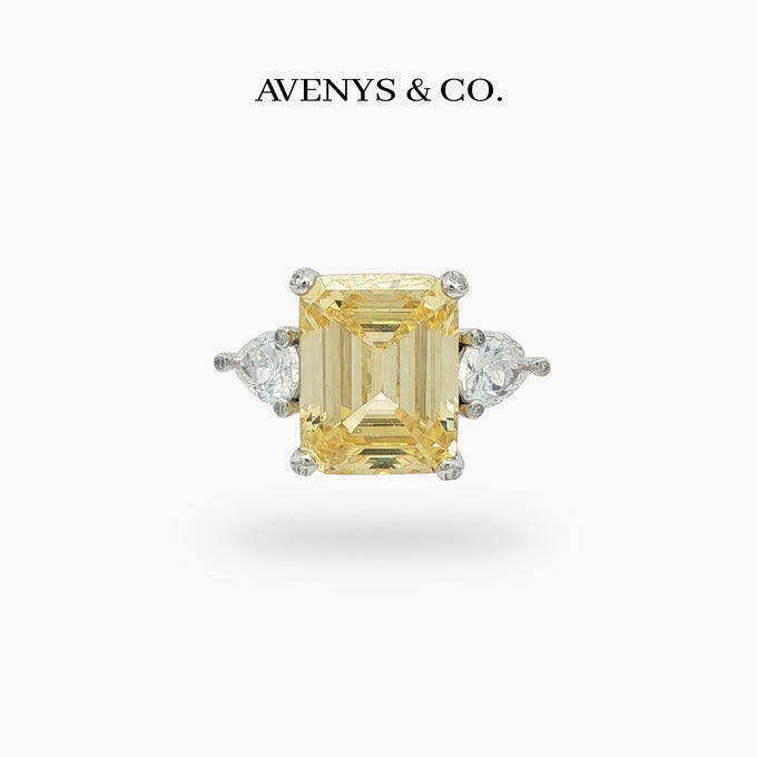 Emerald Pear Trilogy Ring with Yellow Emerald Stone – on White Gold