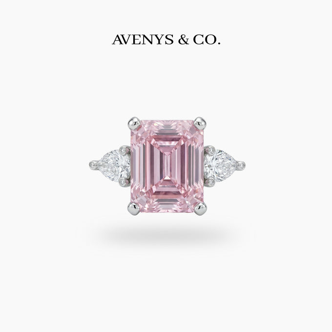 Emerald Pear Trilogy Ring with Pink Emerald Stone – on White Gold