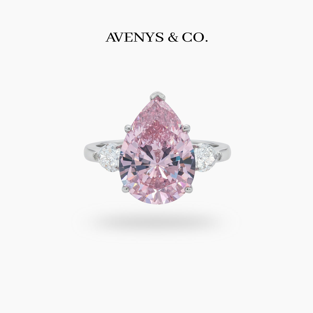 Pear Trilogy Ring with Pink Pear Stone – on White Gold