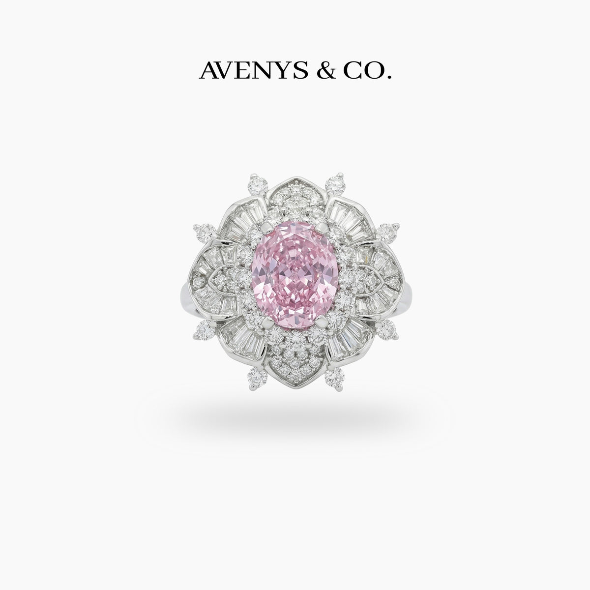 Bloom Burst Ring with Pink Oval Stone – on White Gold
