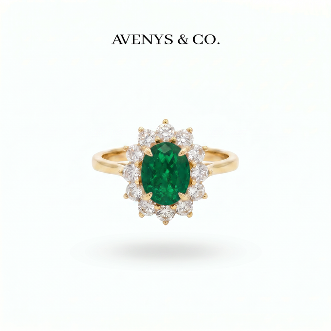 Classic Halo Ring with Green Oval Stone – on Yellow Gold