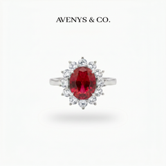 Classic Halo Ring with Red Oval Stone – on White Gold