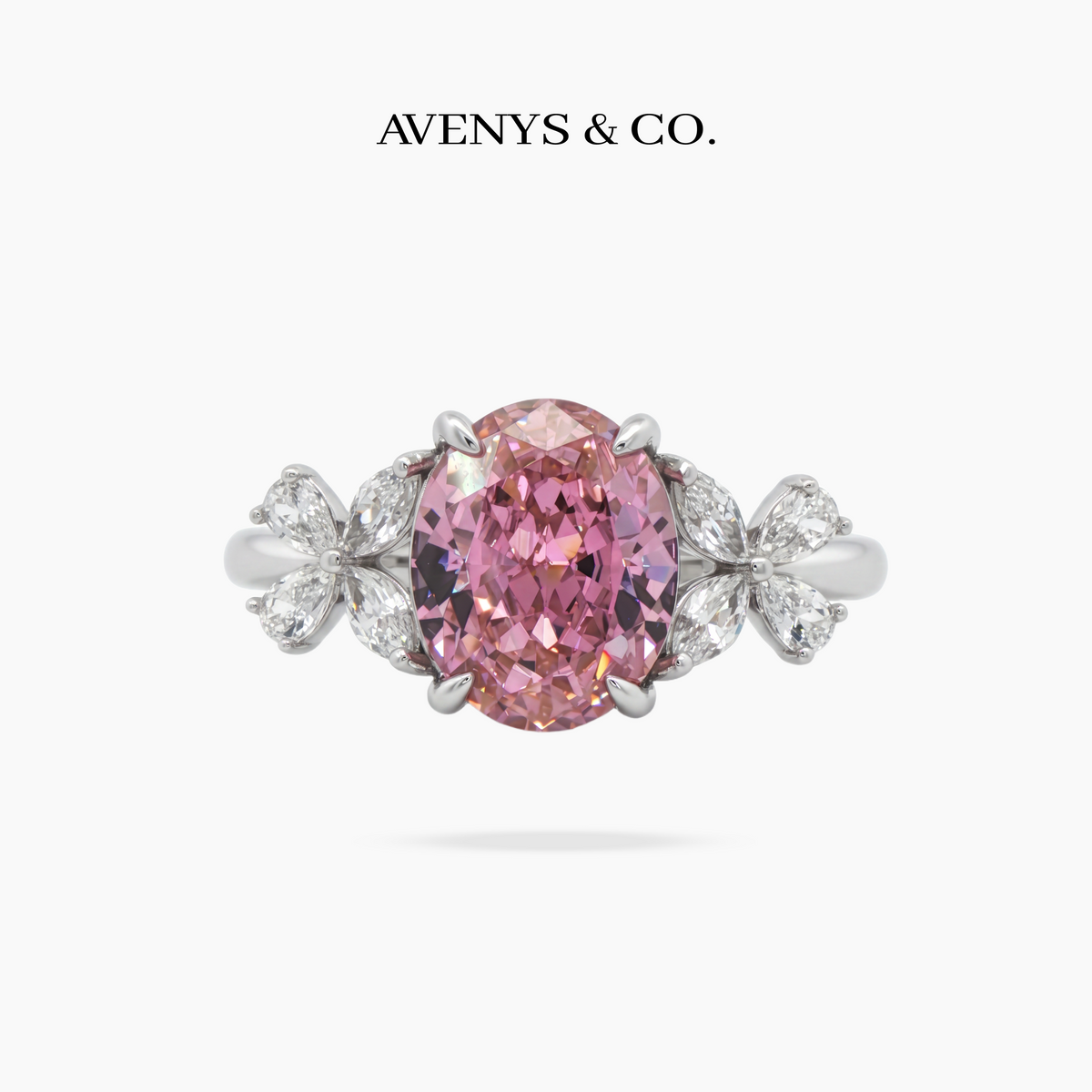 Pink Oval Flower Ring with Pink Oval Stone – on White Gold