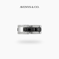 Connected Ring with Black Round Stone – on White Gold