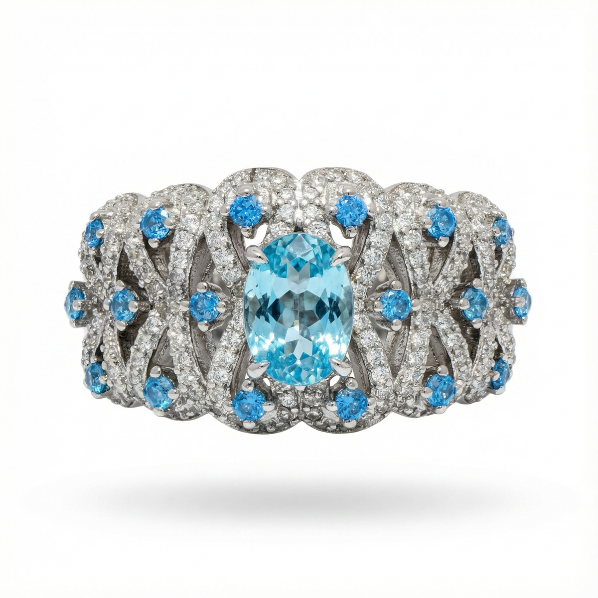 Floral Garden Ring with Aquamarine Oval Stone – on White Gold