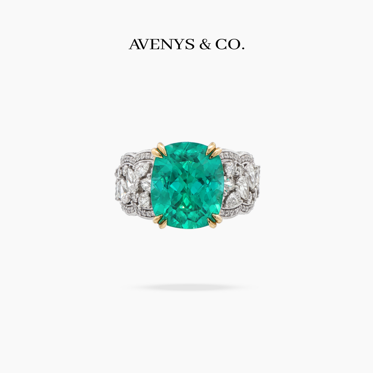 "The Oceanique" - Lab Paraiba Tourmaline and Lab Diamond Pavé Ring in 18k White Gold