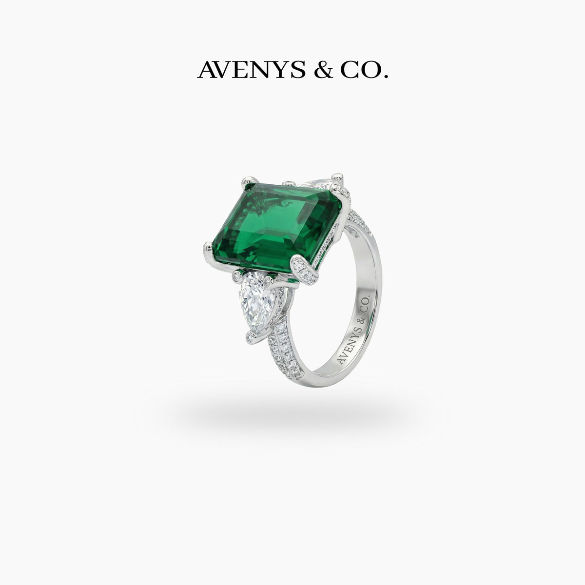 Emerald Pear Trilogy Ring with Green Emerald Stone – on White Gold