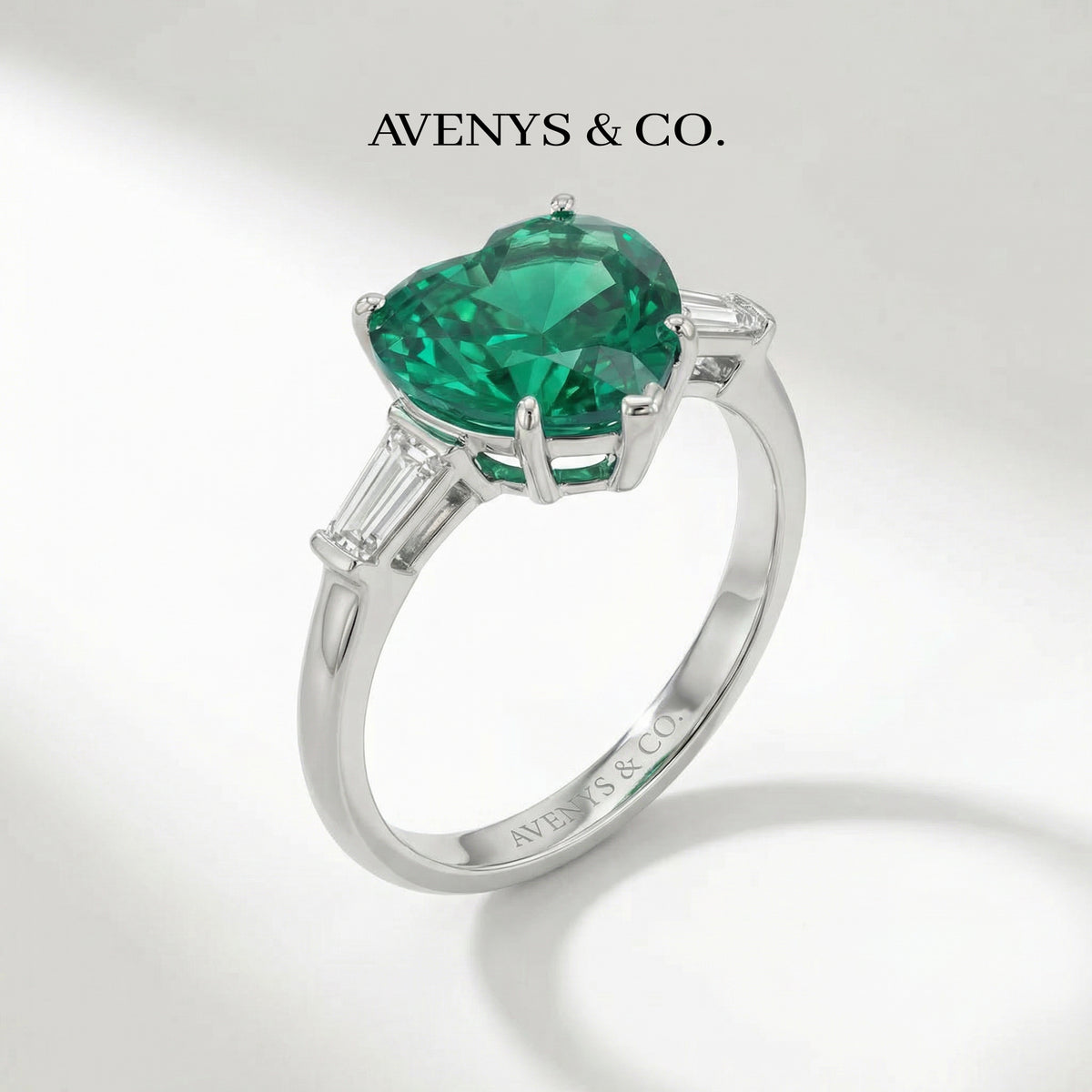 Love Heart Trilogy with Green Heart Stone – on White Gold