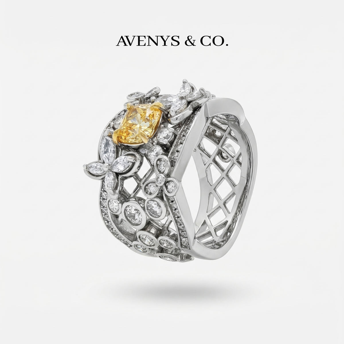 Summer Floral Ring with Yellow Cushion Stone – on White Gold