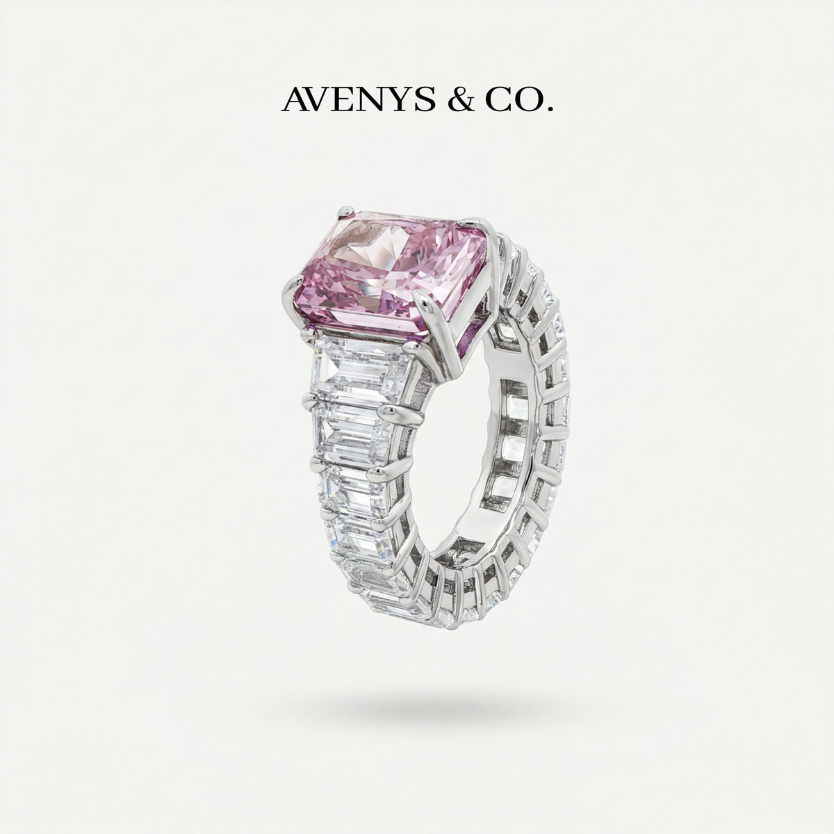 Princess Eternity Ring with Pink Radiant Stone – on White Gold