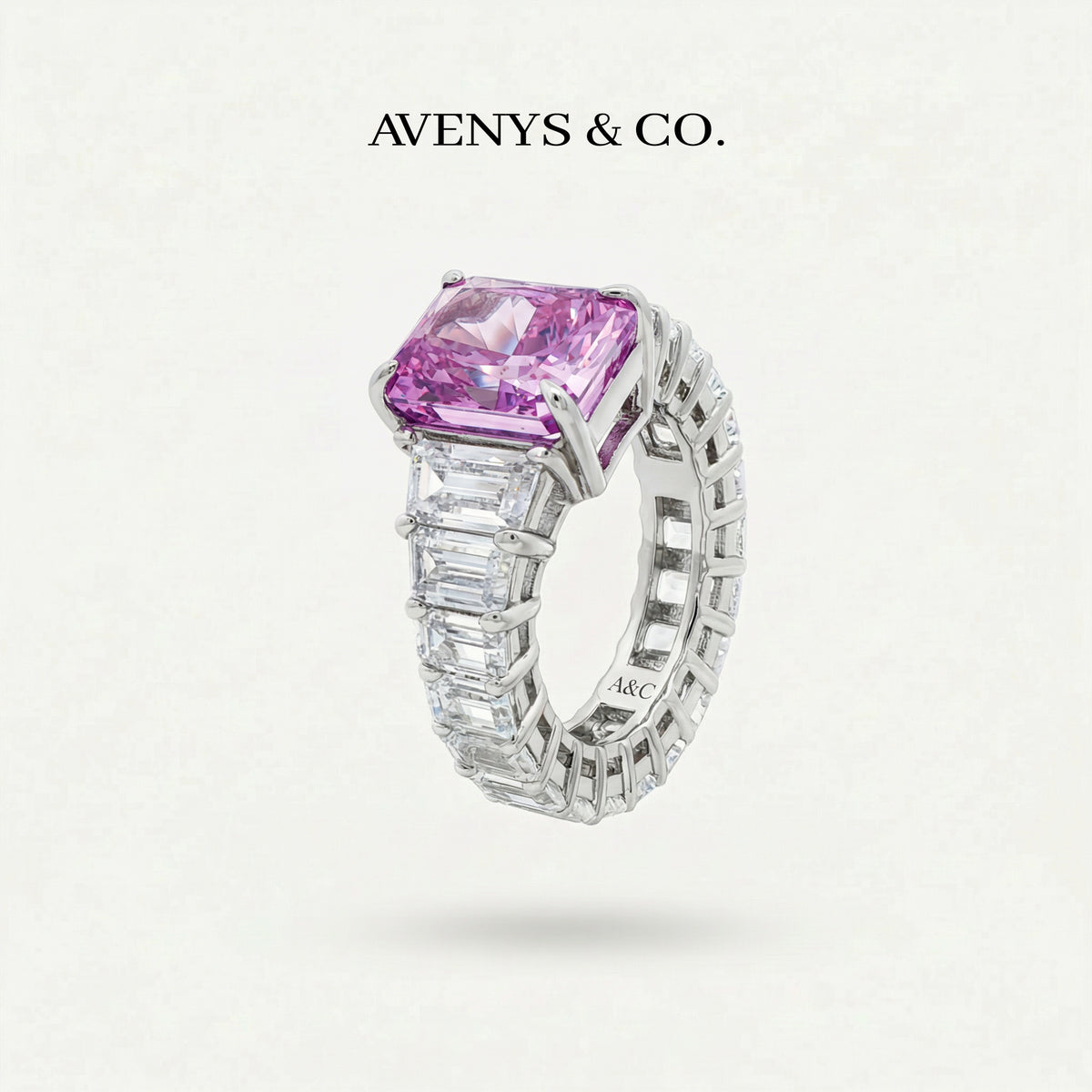 Princess Eternity Ring with Purple Radiant Stone – on White Gold