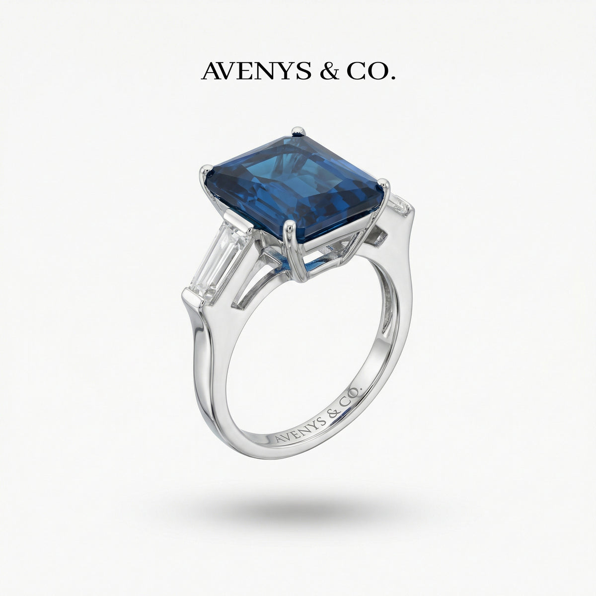 Radiant Trilogy Ring with Blue Radiant Stone – on White Gold