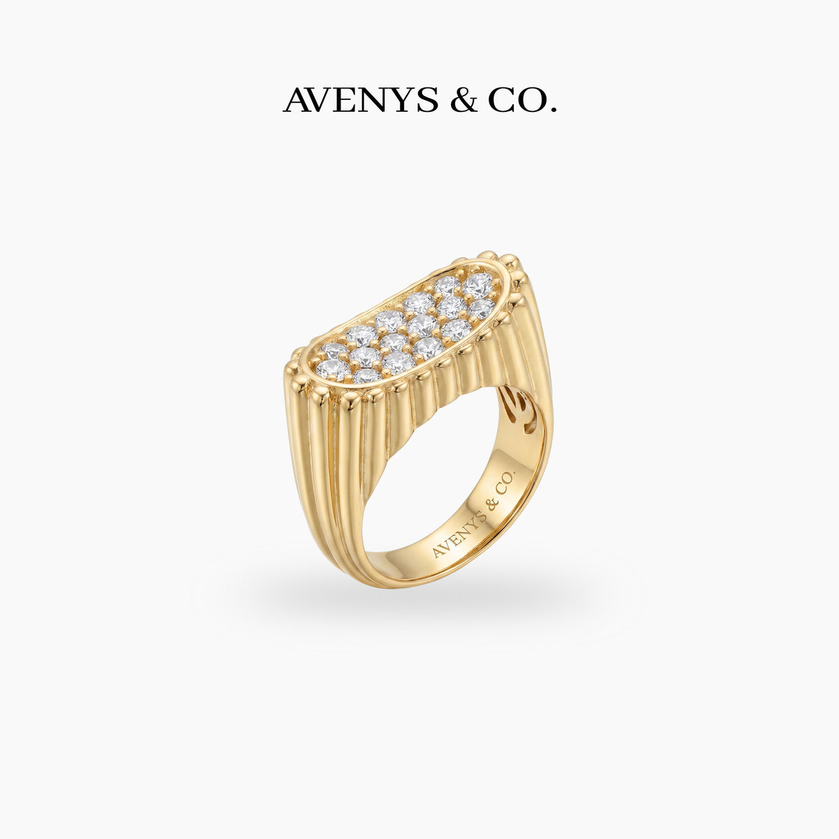 Pave Signet Ring with White Round Stone – on Yellow Gold