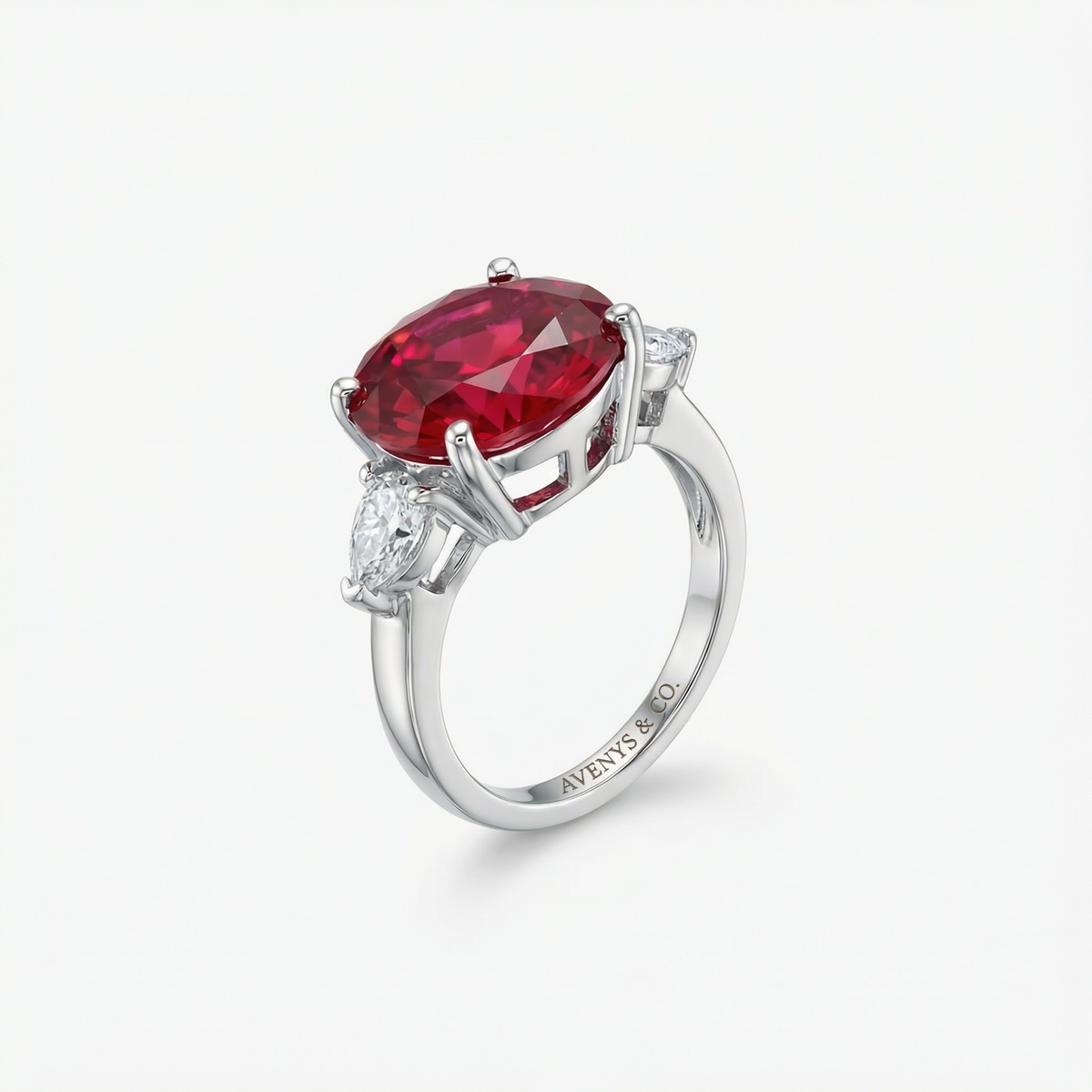 Oval Trilogy Pear Ring with Red Oval Stone – on White Gold