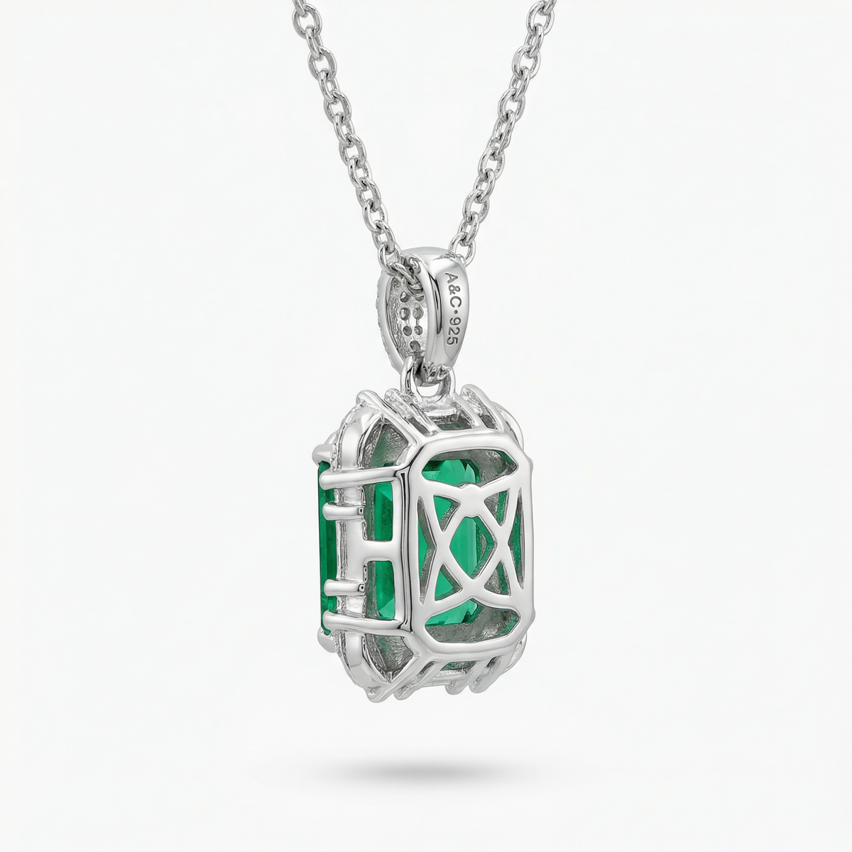Eden Frame Necklace with Green Radiant Stone – on White Gold