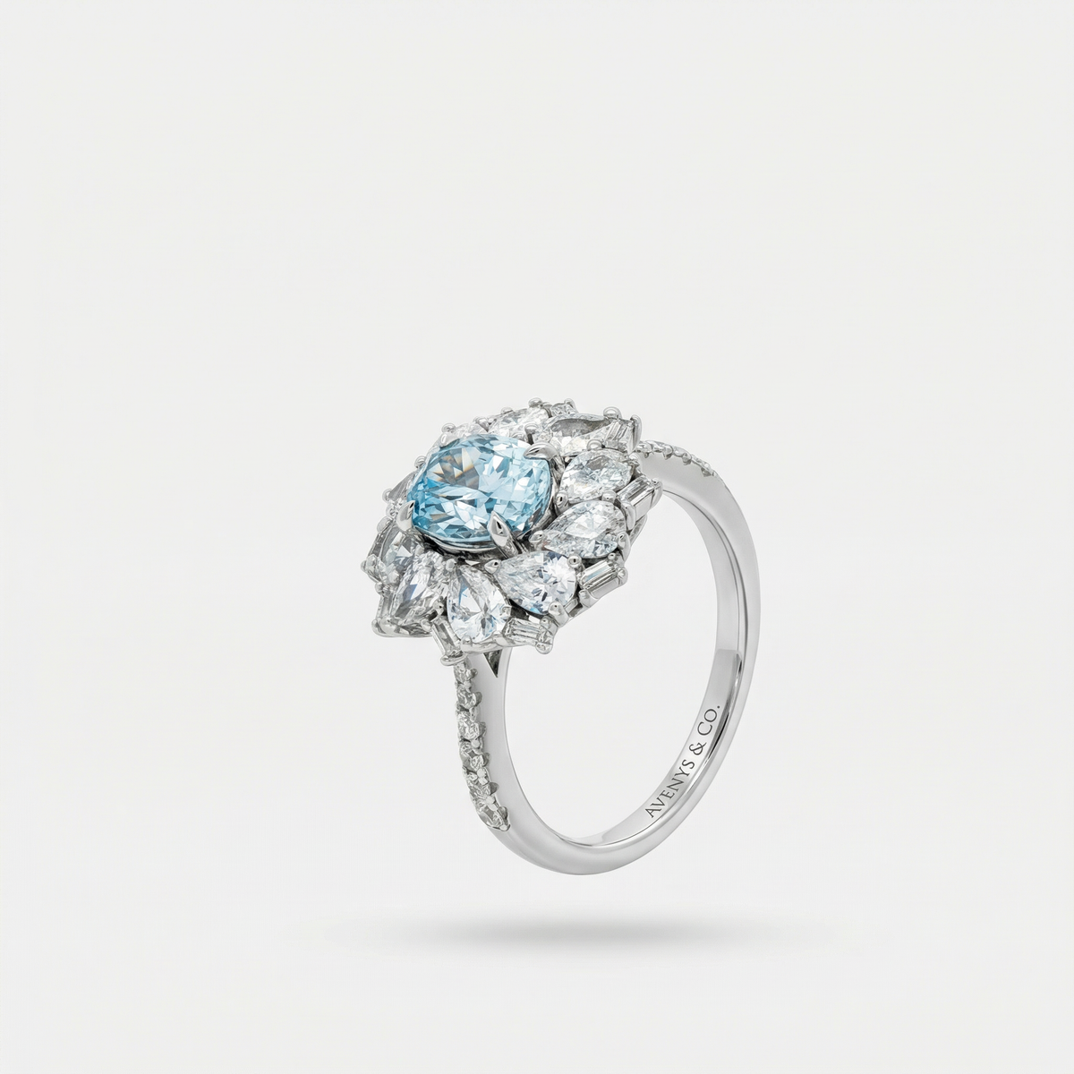 Bloom Halo Ring with Blue Oval Stone – on White Gold