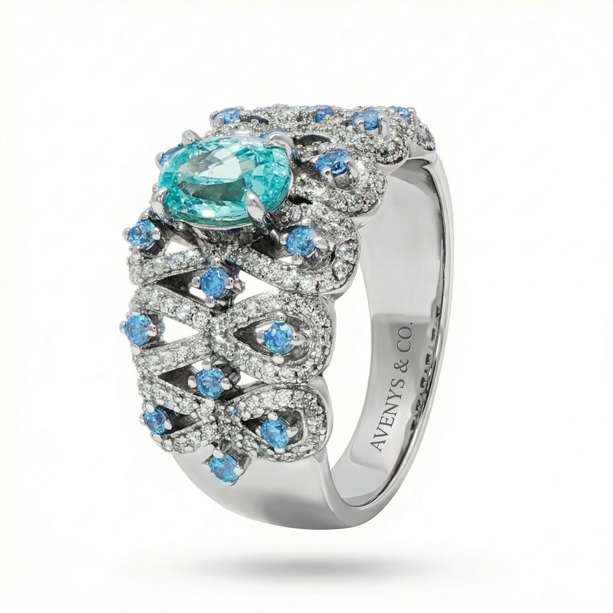 Floral Garden Ring with Aquamarine Oval Stone – on White Gold