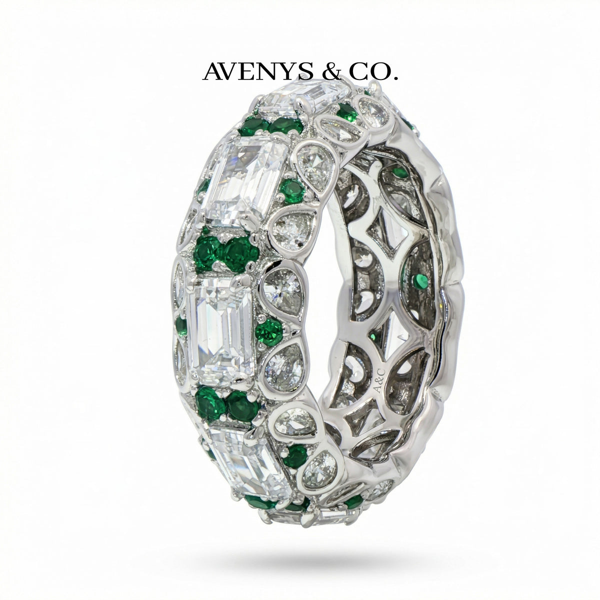 Greenfire Ring with White Emerald Stone – on White Gold