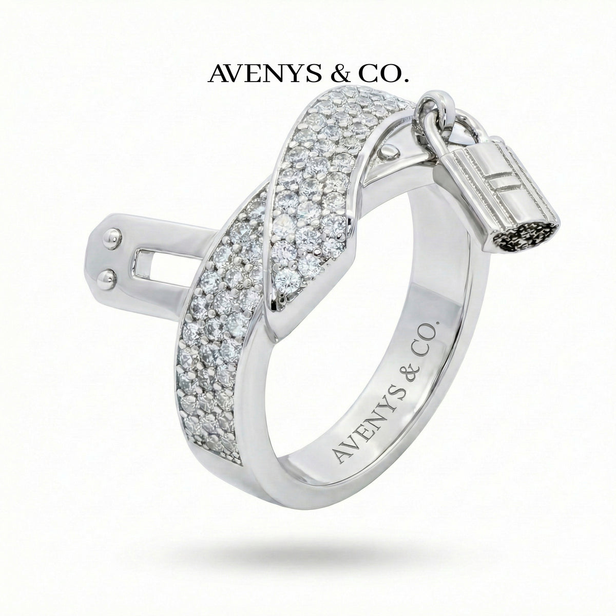 Padlock Pave Ring with White Round Stone – on White Gold