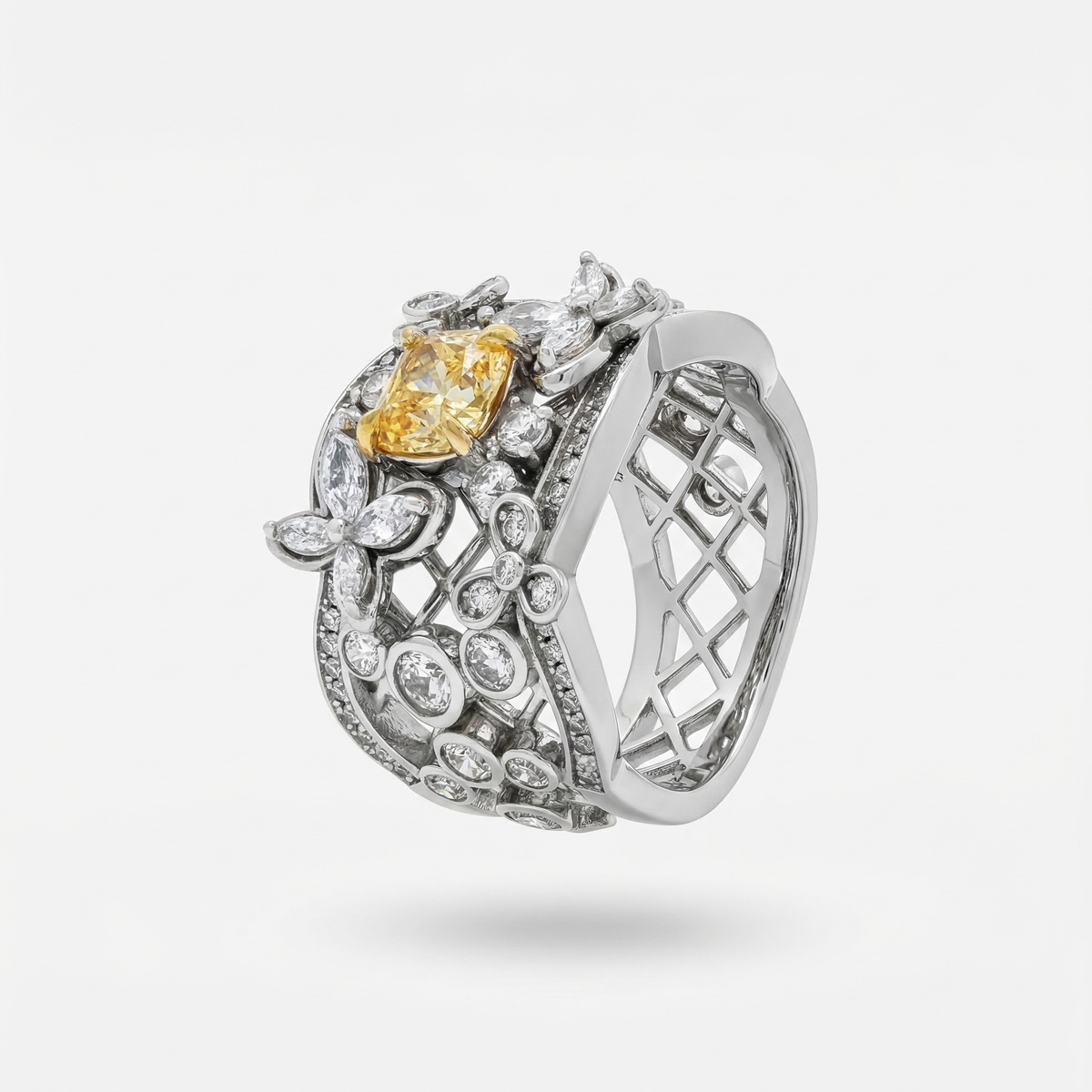 Summer Floral Ring with Yellow Cushion Stone – on White Gold