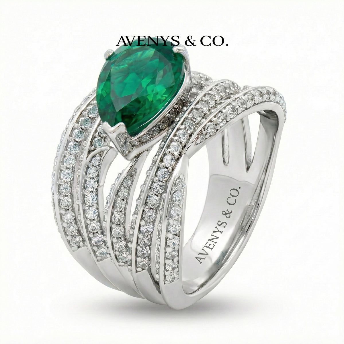 Ribbon Classic Ring with Green Oval Stone – on White Gold