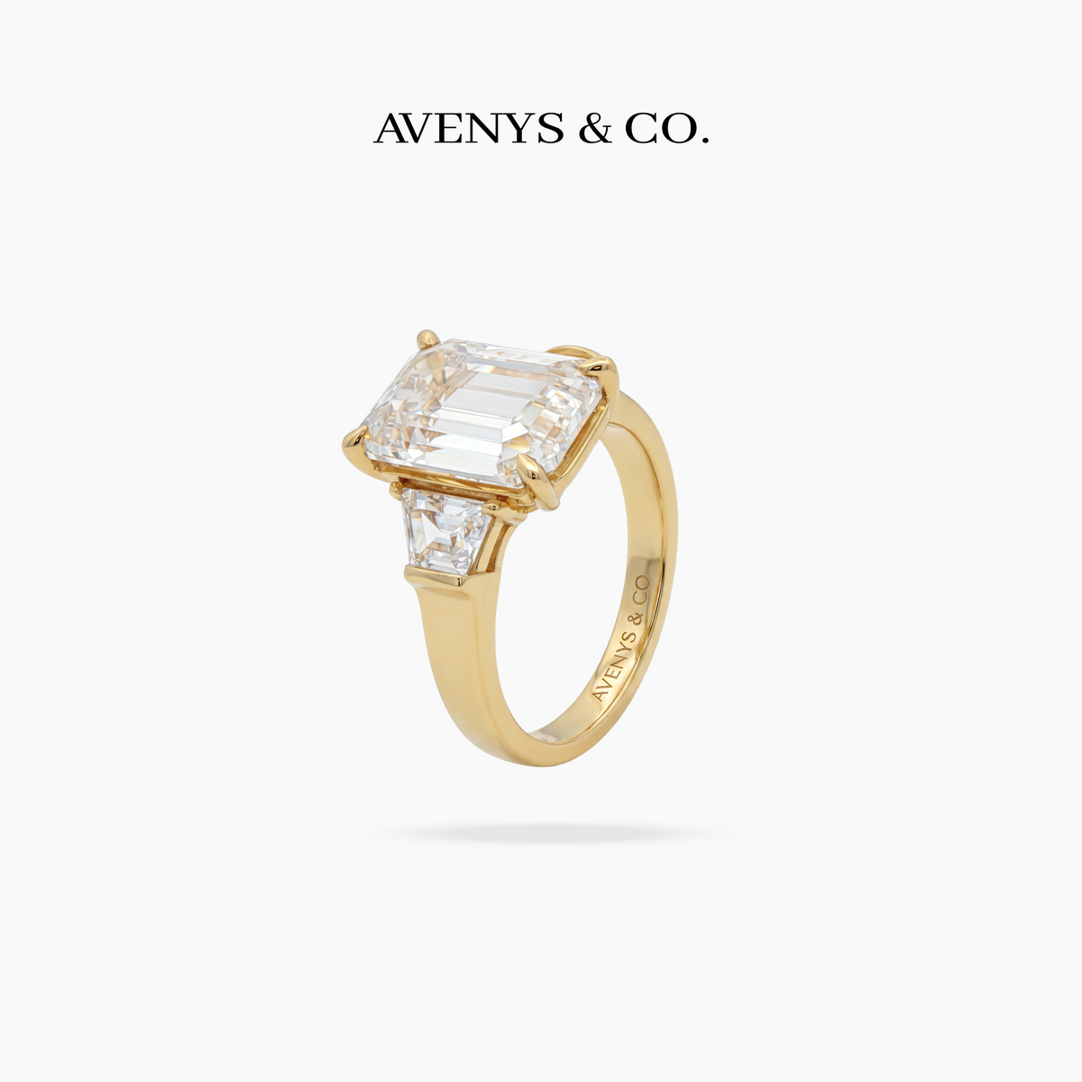 Trilogy Ring with White Emerald Stone – on Yellow Gold