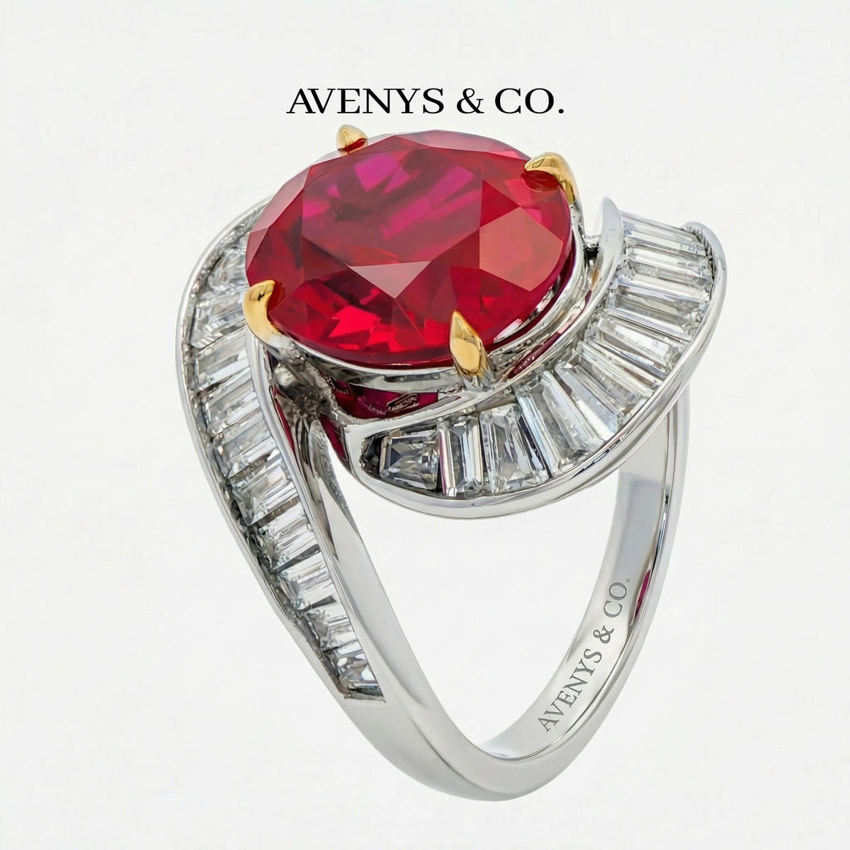 Eclipse Ring with Avenys Created Pigeon Blood Oval Ruby – on White Gold